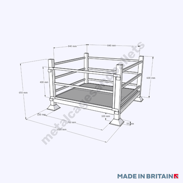 Technical drawing of stackable stillage crates with braced sides.